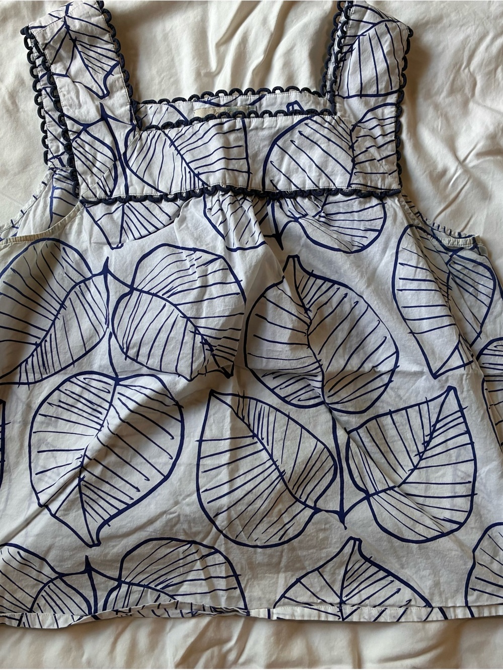 Boden White Tank with Navy Leaf Print